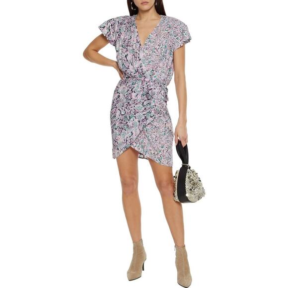 NWT IRO Manza Purple Floral Print Ruffle Sleeve Wrap Mini Dress Size 36 US XS - Picture 1 of 8